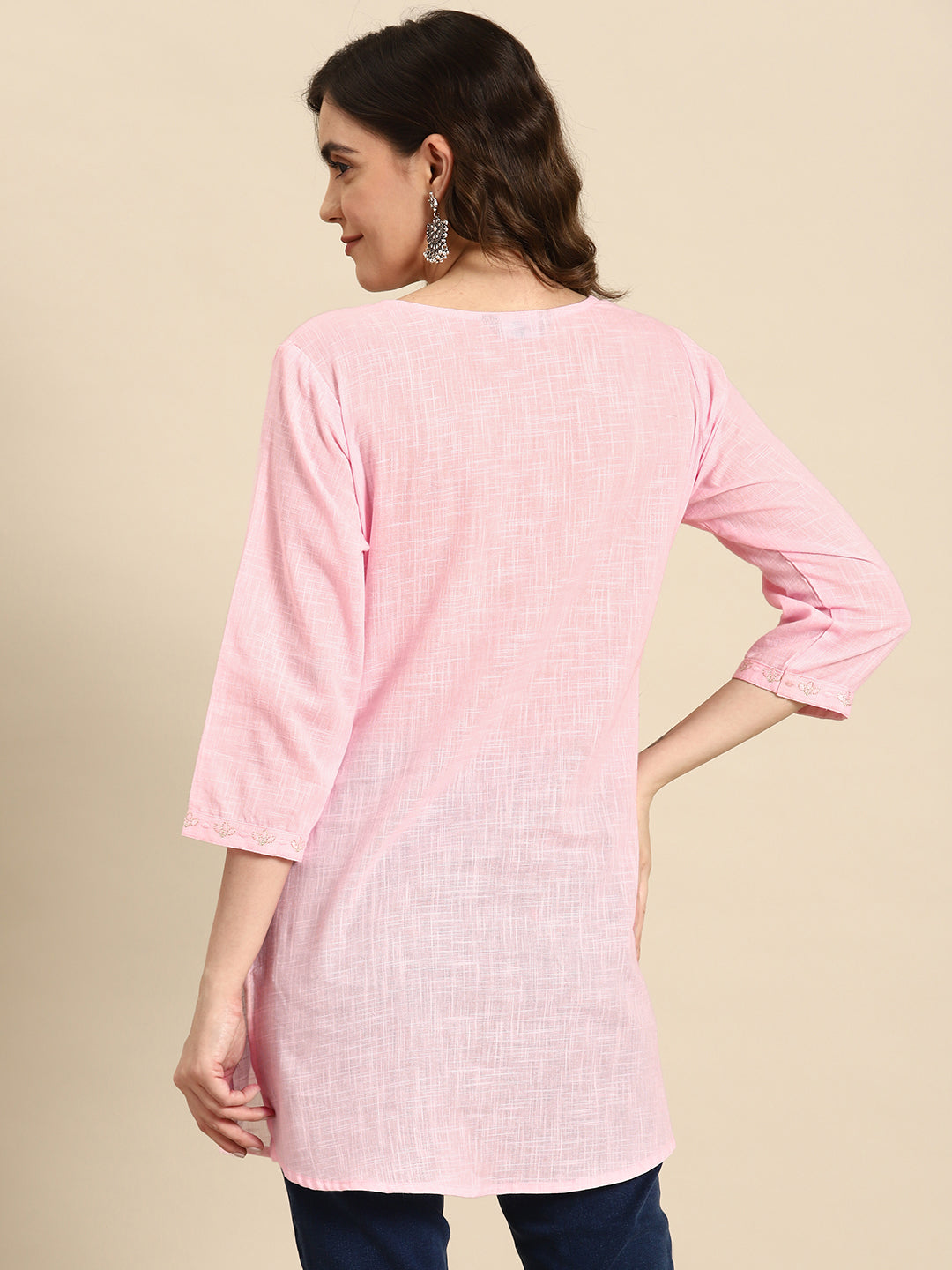 Women's Pink Embroidered Yoke Straight Tunic With Three Quarter Sleeves - Nayo Clothing