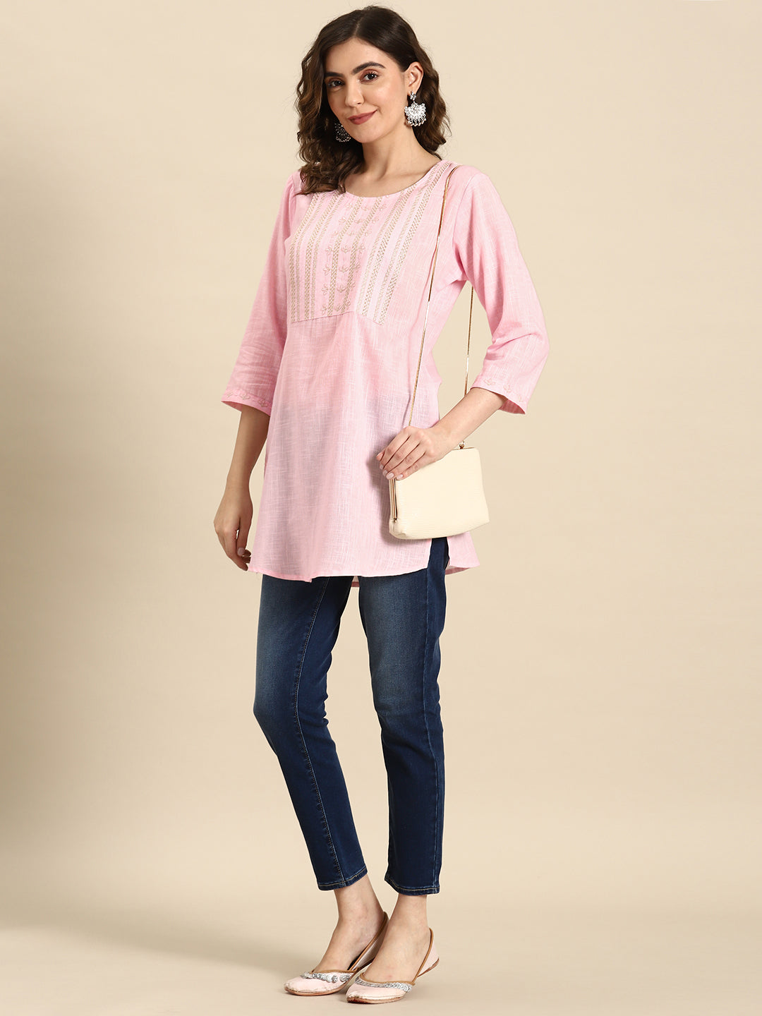 Women's Pink Embroidered Yoke Straight Tunic With Three Quarter Sleeves - Nayo Clothing