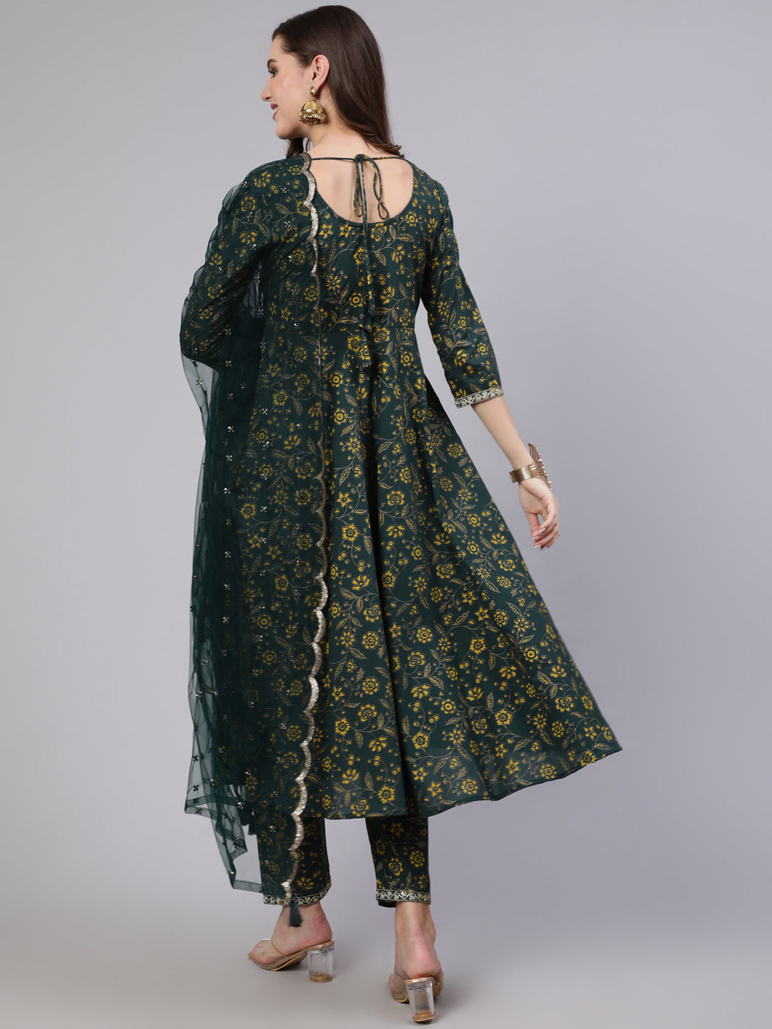 Women's Green Embroidered Flared Kurta With Trouser And Dupatta - Nayo Clothing