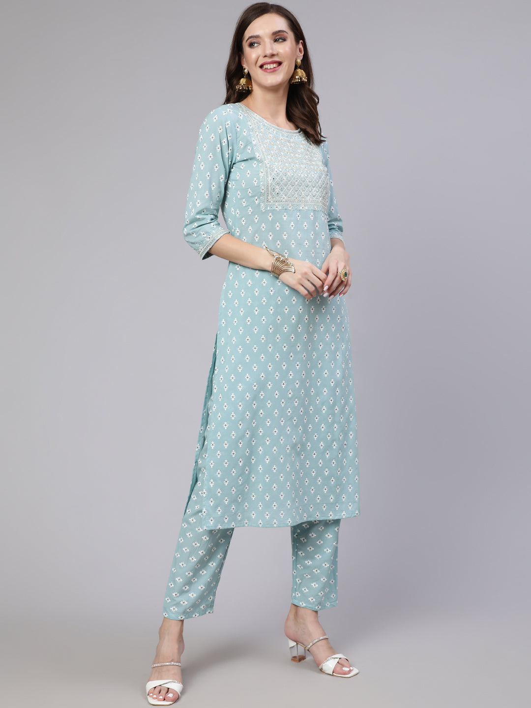 Women's Blue Embroidered Straight Kurta With Trouser And Dupatta - Nayo Clothing