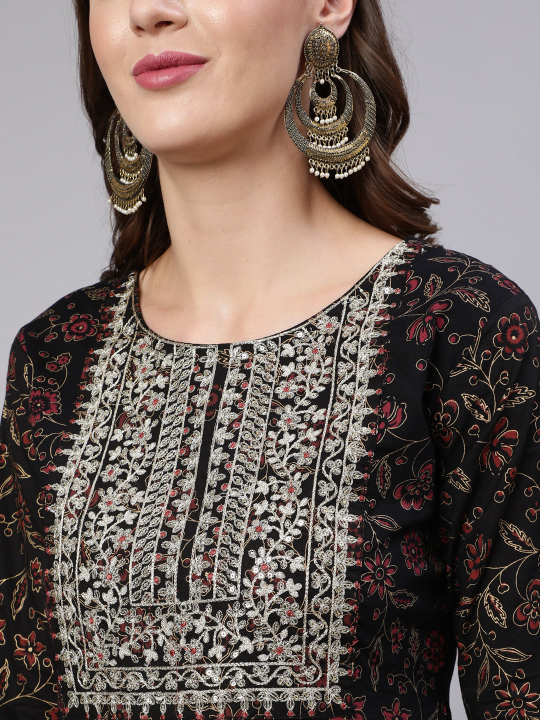 Women's Black Embroidered Flared Kurta With Trouser And Dupatta - Nayo Clothing