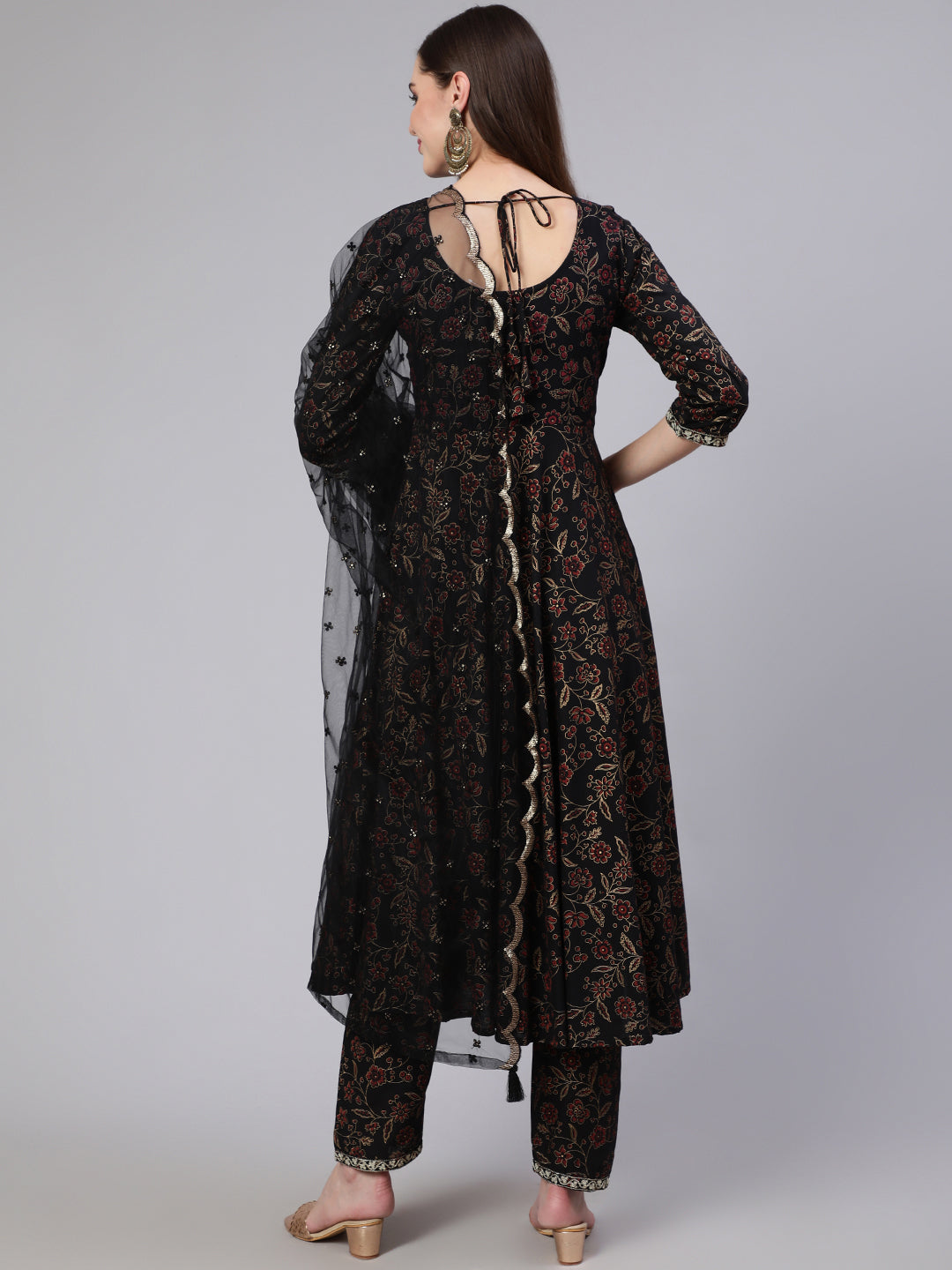 Women's Black Embroidered Flared Kurta With Trouser And Dupatta - Nayo Clothing