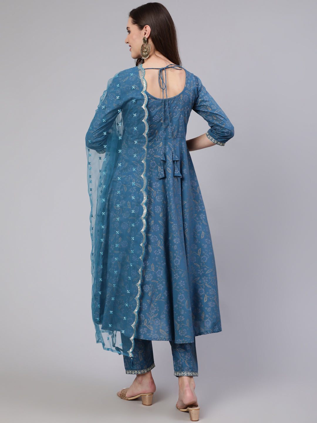 Women's Blue Embroidered Flared Kurta With Trouser And Dupatta - Nayo Clothing