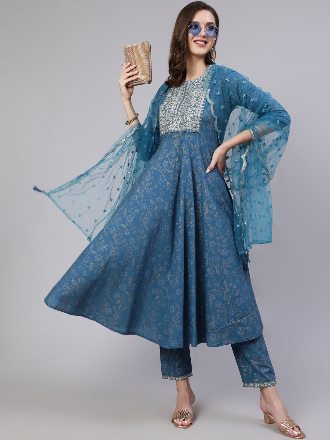 Women's Blue Embroidered Flared Kurta With Trouser And Dupatta - Nayo Clothing