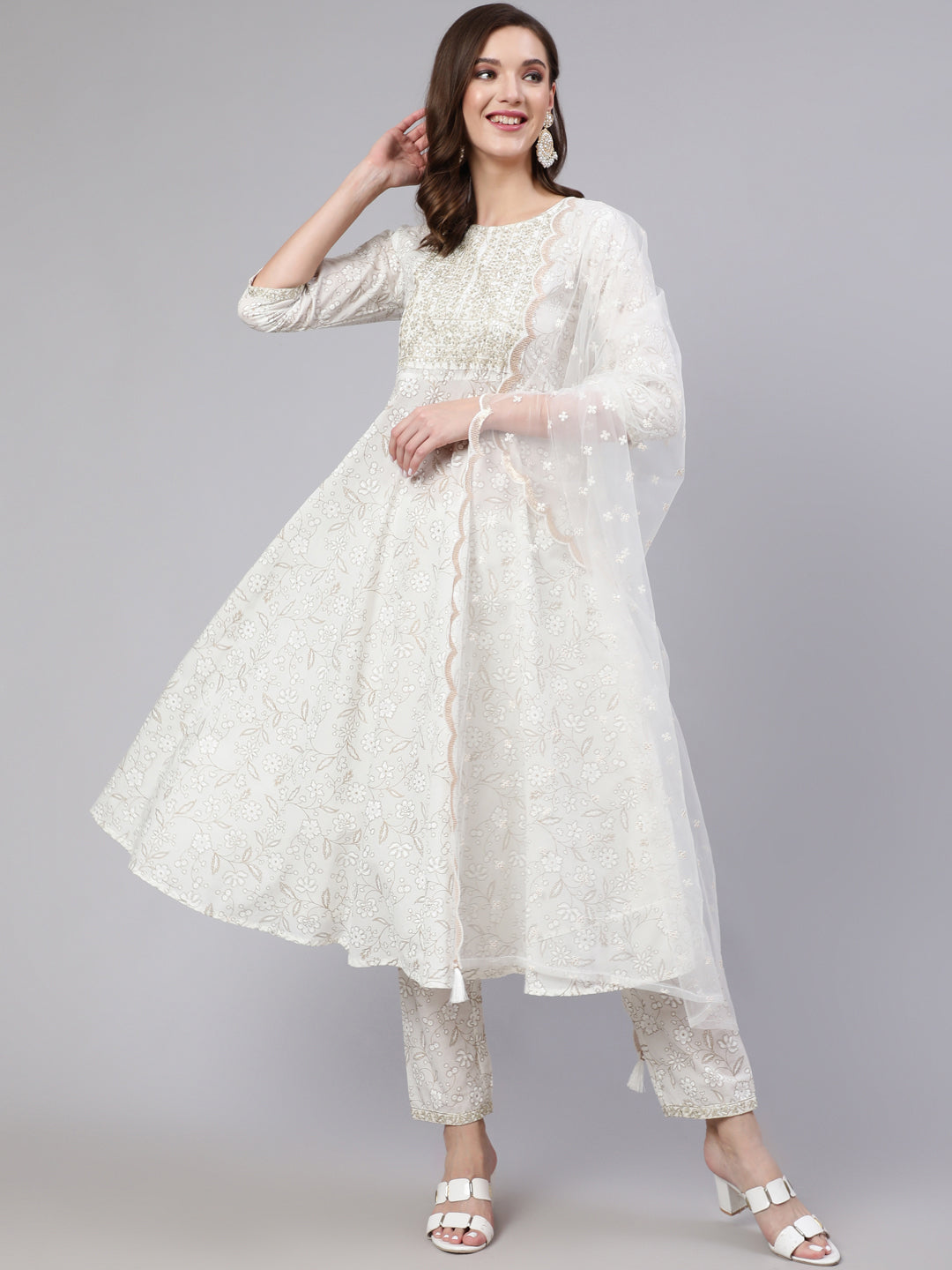 Women's White Embroidered Flared Kurta With Trouser And Dupatta - Nayo Clothing
