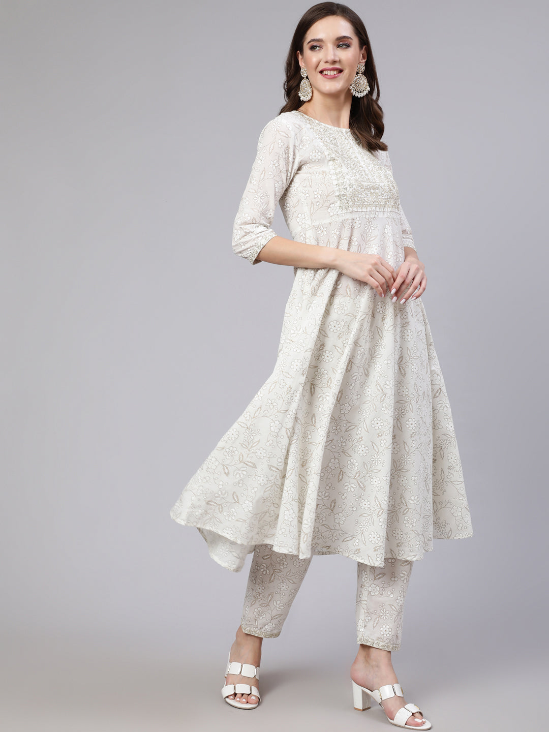 Women's White Embroidered Flared Kurta With Trouser And Dupatta - Nayo Clothing