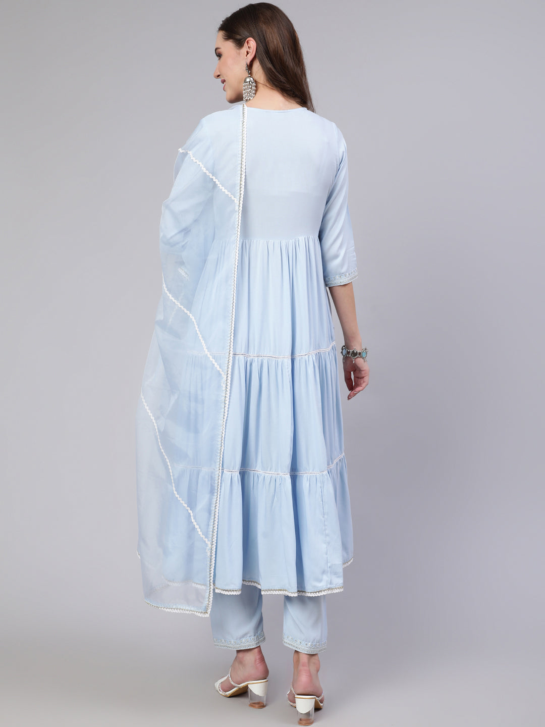 Women's Blue Embroidered Flared Kurta With Trouser And Dupatta - Taantav