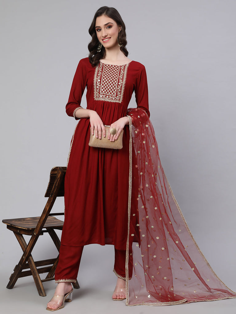 Women's Maroon Embroidered Naira cut Kurta With Trouser And Net Dupatta
