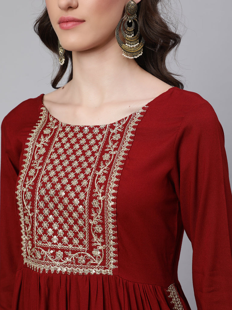 Women's Maroon Embroidered Naira cut Kurta With Trouser And Net Dupatta