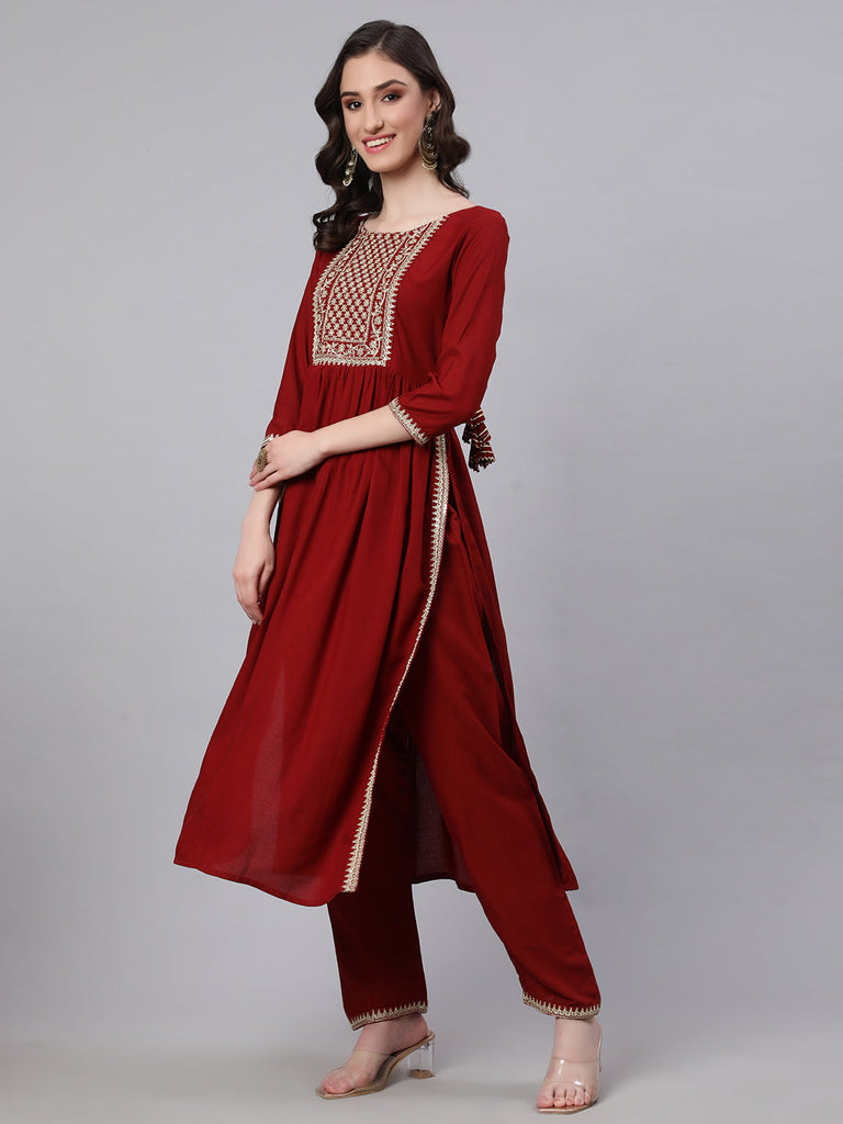 Women's Maroon Embroidered Naira cut Kurta With Trouser And Net Dupatta