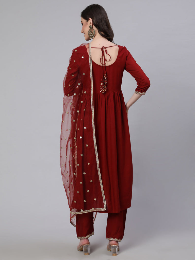 Women's Maroon Embroidered Naira cut Kurta With Trouser And Net Dupatta