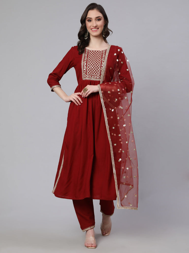 Women's Maroon Embroidered Naira cut Kurta With Trouser And Net Dupatta
