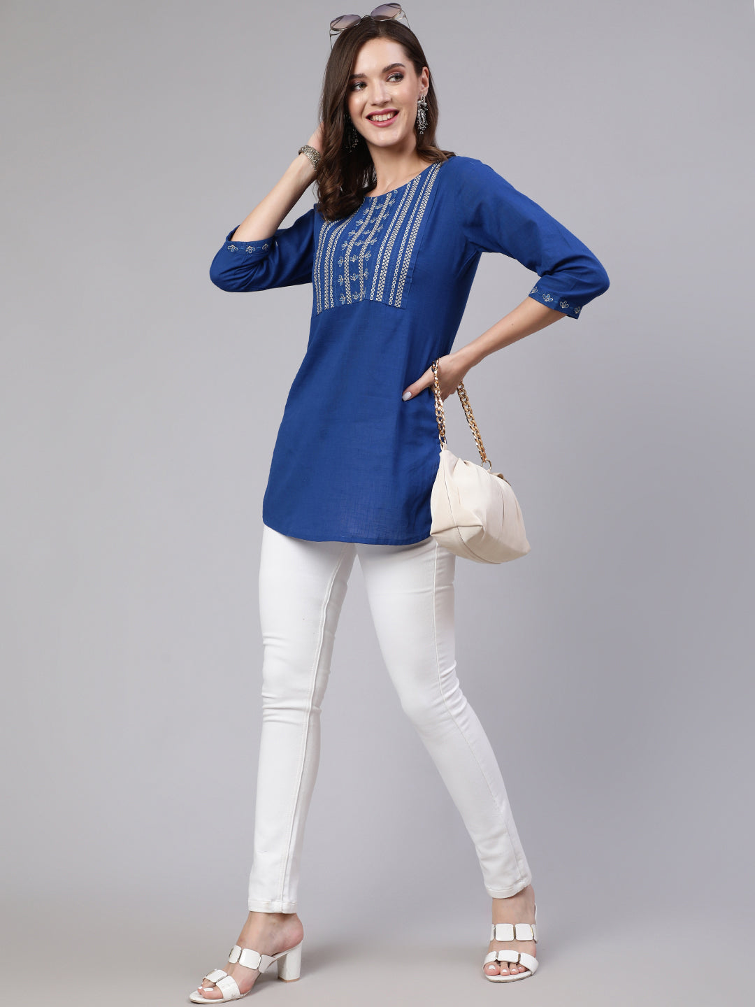 Women's Blue Embroidered Straight Tunic - Nayo Clothing