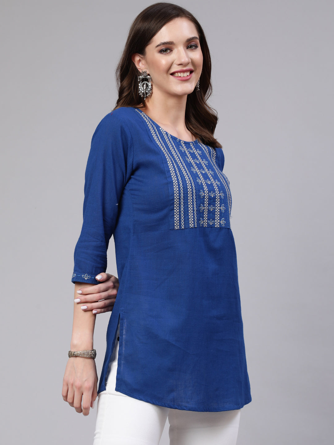 Women's Blue Embroidered Straight Tunic - Nayo Clothing