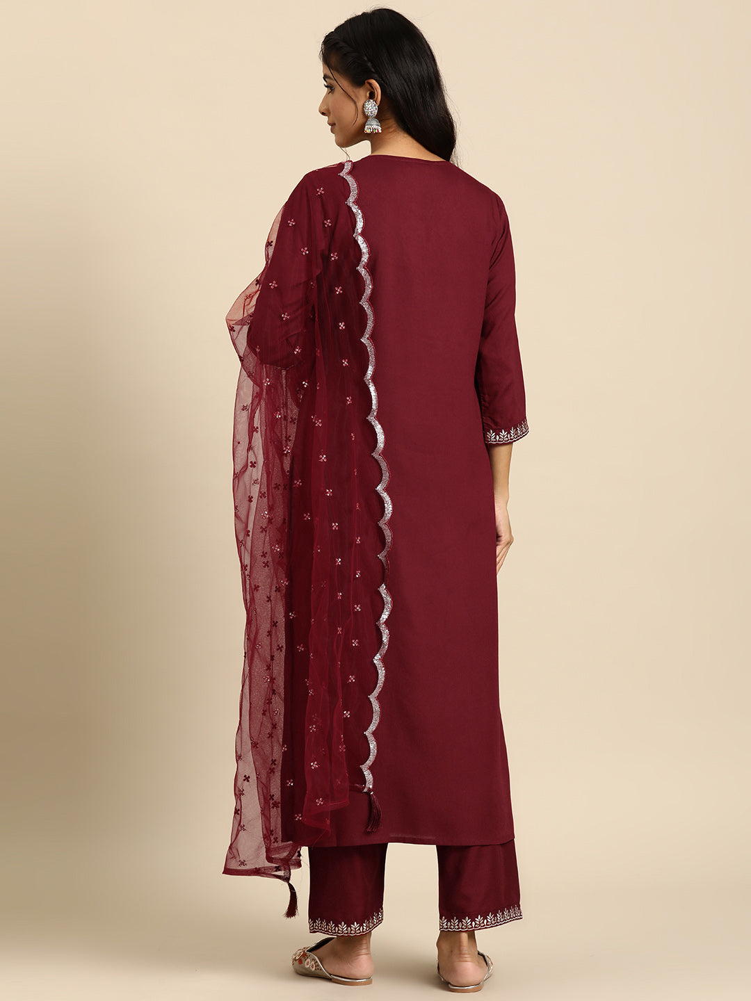 Women's Maroon Embroidered Straight Kurta With Palazzo And Net Dupatta - Nayo Clothing