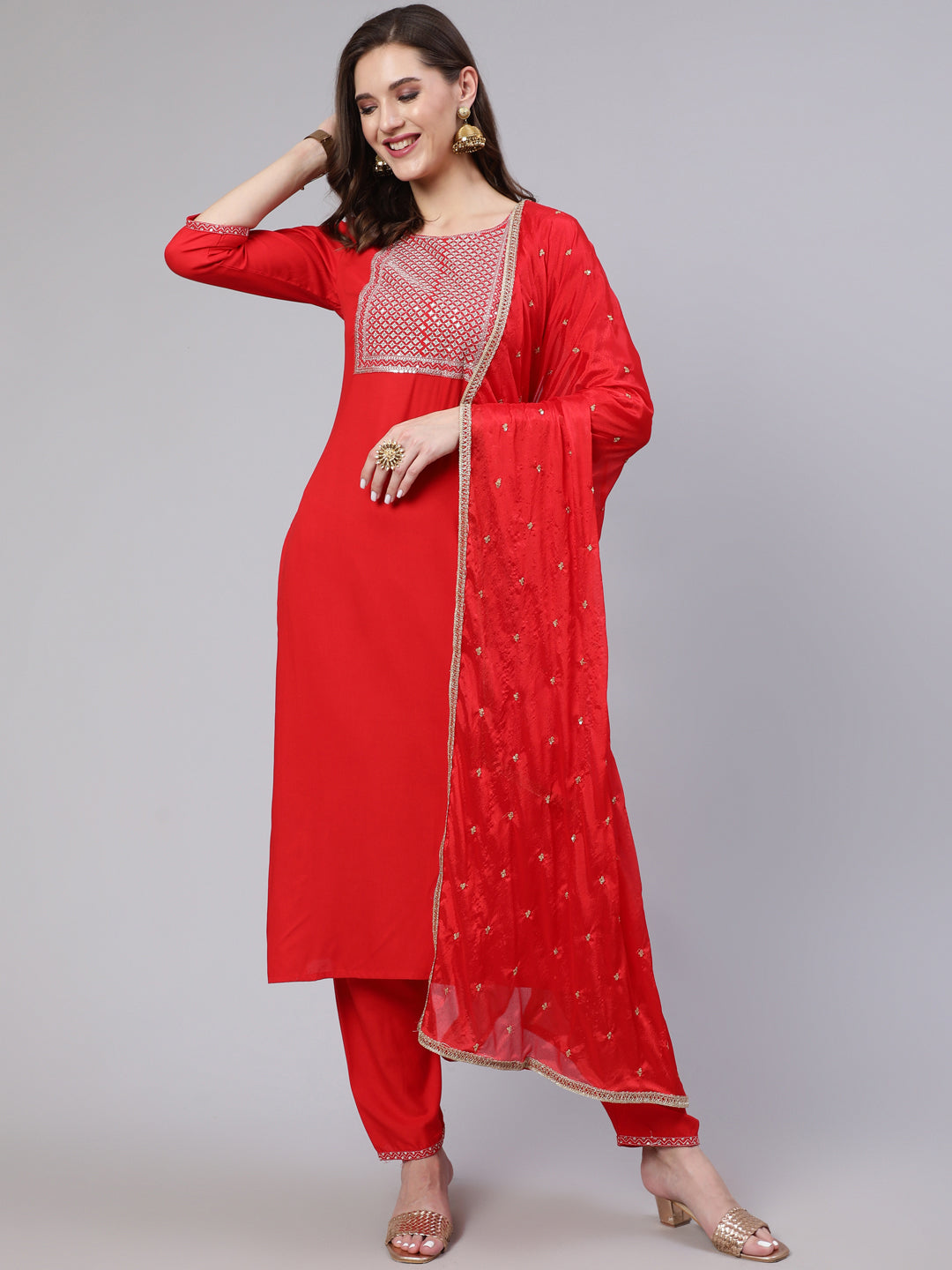 Women's Red Embroidered Straight Kurta With Trouser And Net Dupatta - Taantav