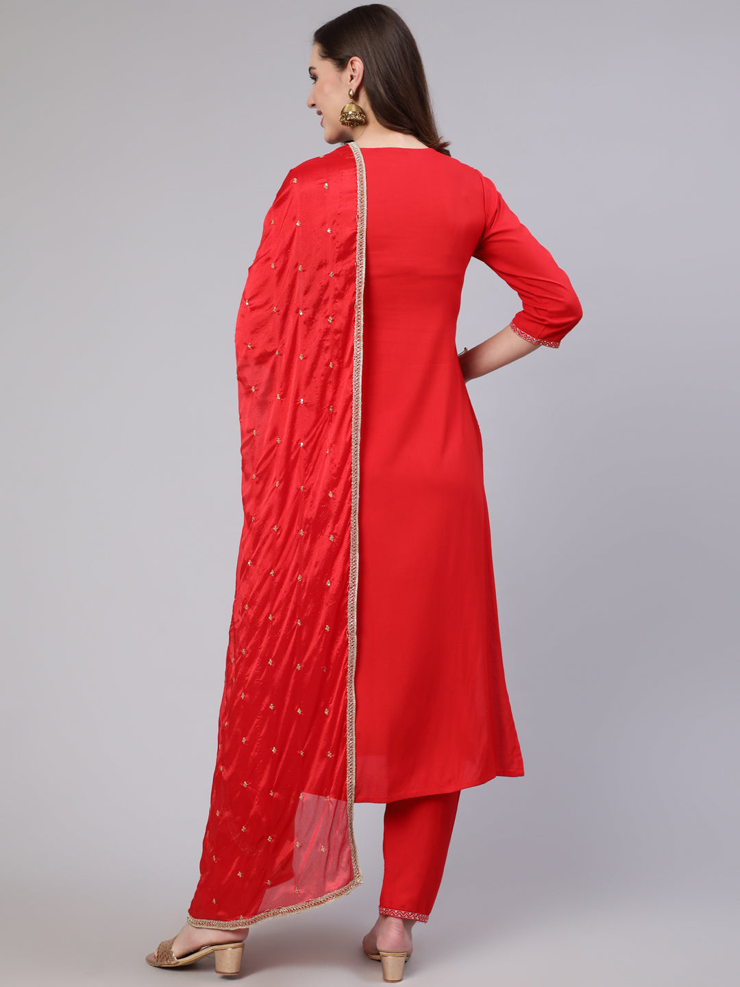 Women's Red Embroidered Straight Kurta With Trouser And Net Dupatta - Taantav