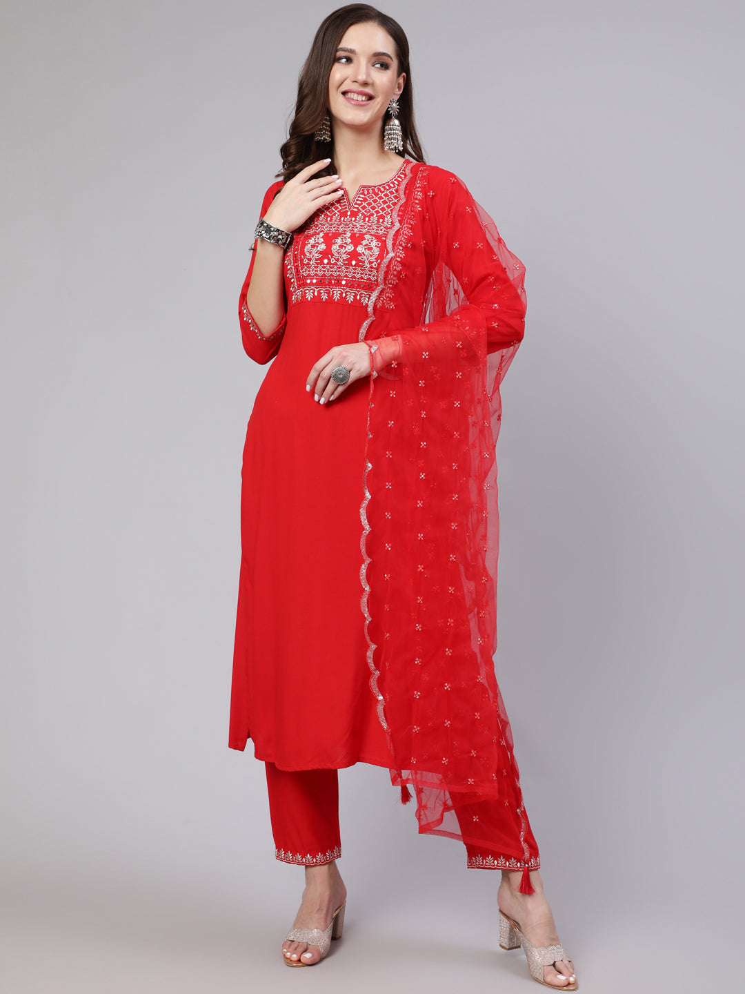 Women's Red Embroidered Straight Kurta With Trouser And Net Dupatta - Nayo Clothing