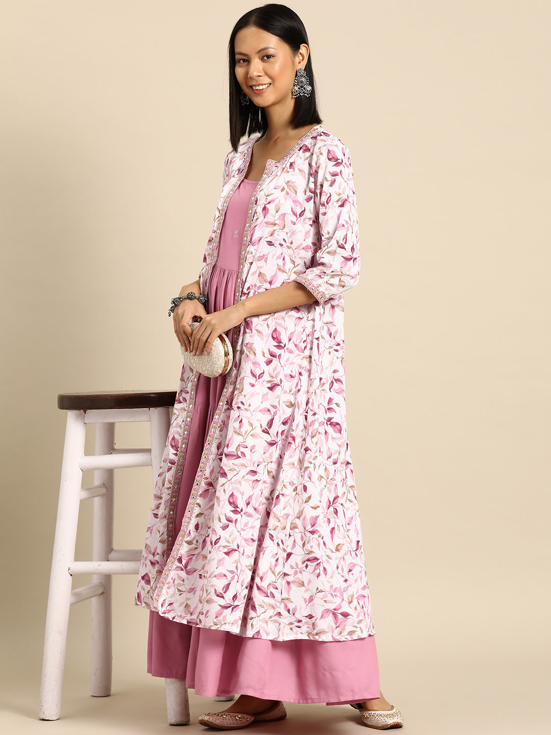 Women's Pink Embroidered Flared Dress With Prinrted Jacket - Nayo Clothing