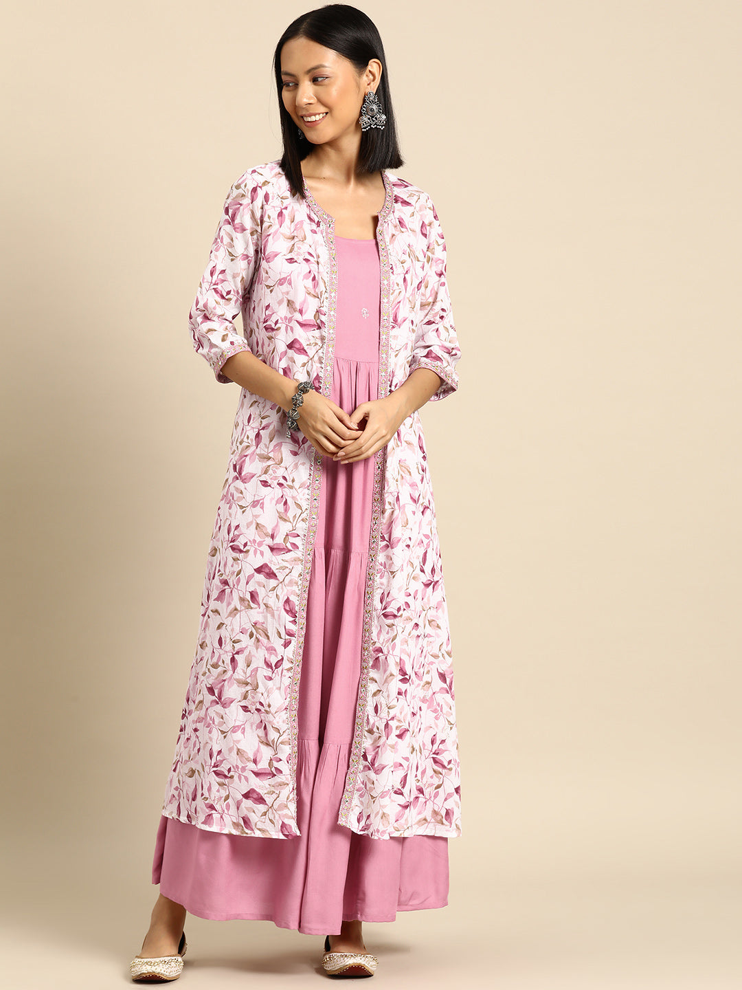 Women's Pink Embroidered Flared Dress With Prinrted Jacket - Nayo Clothing