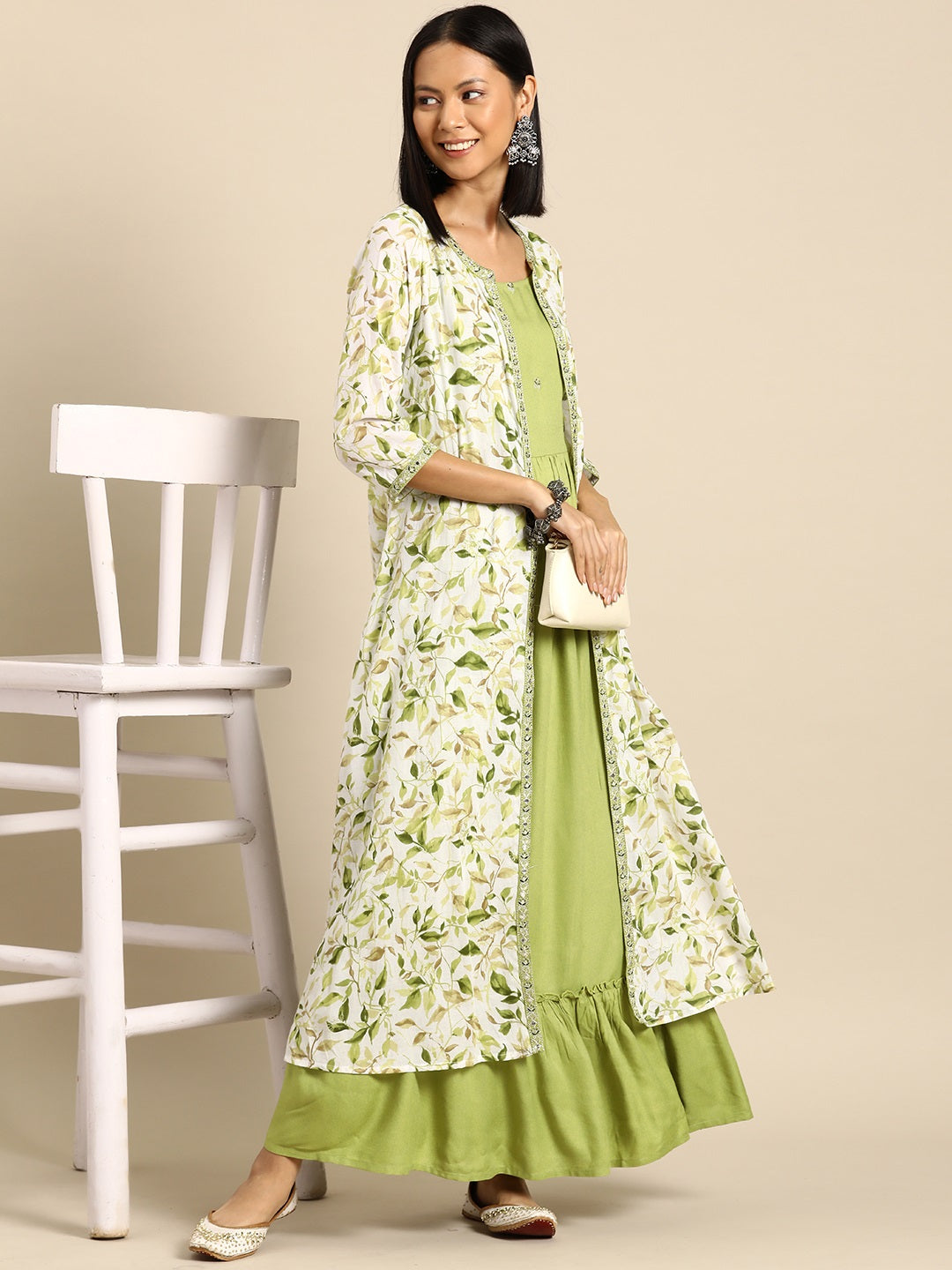 Women's Green Embroidered Flared Dress With Prinrted Jacket - Nayo Clothing