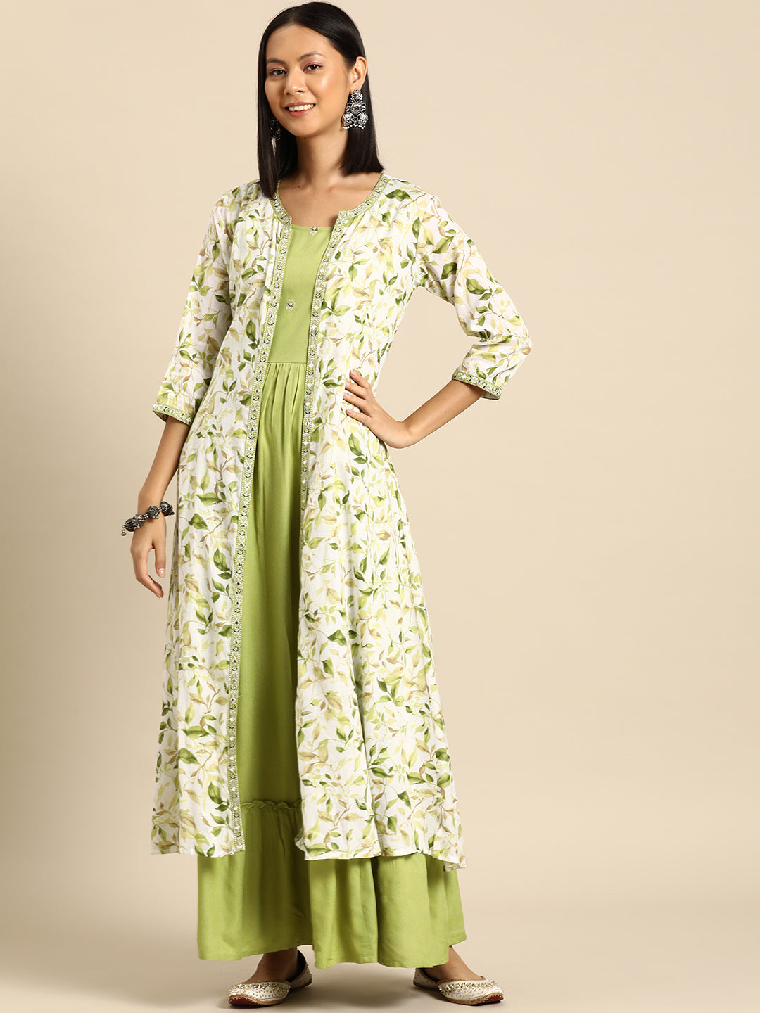 Women's Green Embroidered Flared Dress With Prinrted Jacket - Nayo Clothing