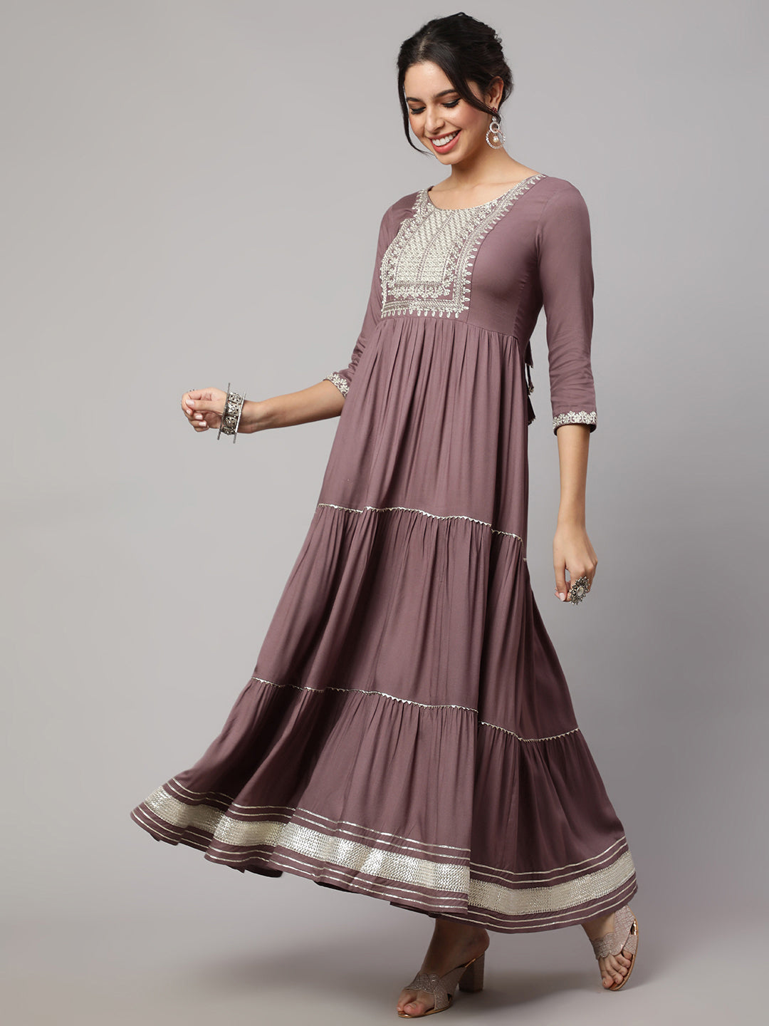 Women's Wome Taupe Embroidered Flared Dress With Net Dupatta - Nayo Clothing