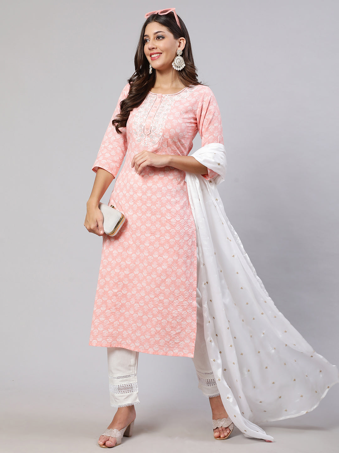 Women's Pink Embroidered Straight Kurta With Trouser And Dupatta - Nayo Clothing