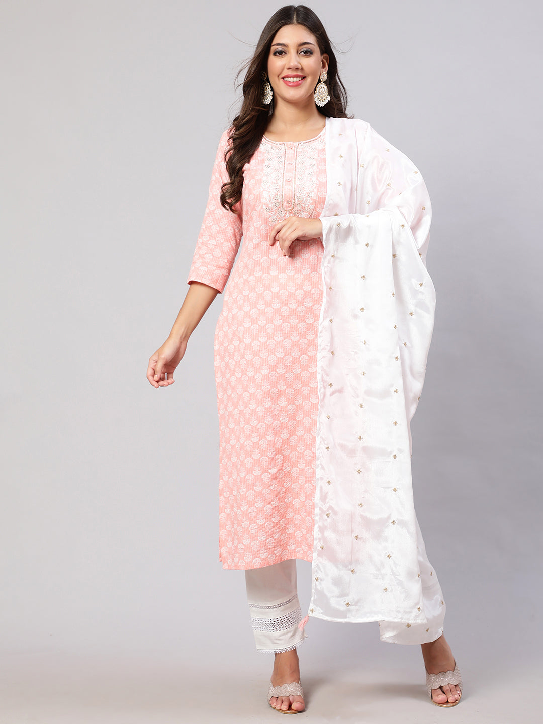 Women's Pink Embroidered Straight Kurta With Trouser And Dupatta - Nayo Clothing