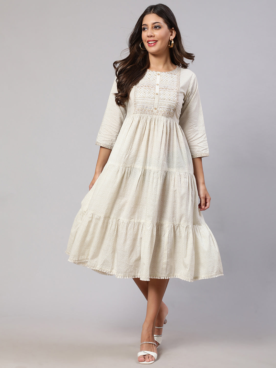Women's Wome Off White Embroidered Gathered Dress - Nayo Clothing
