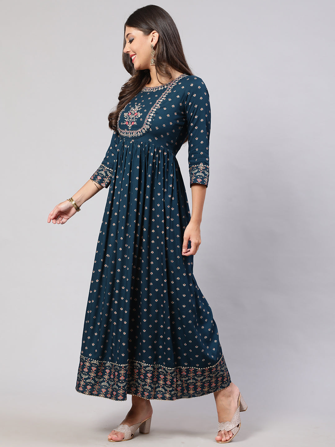 Women's Teal Floral Printed Flared Dress With Scalloped Dupatta - Nayo Clothing