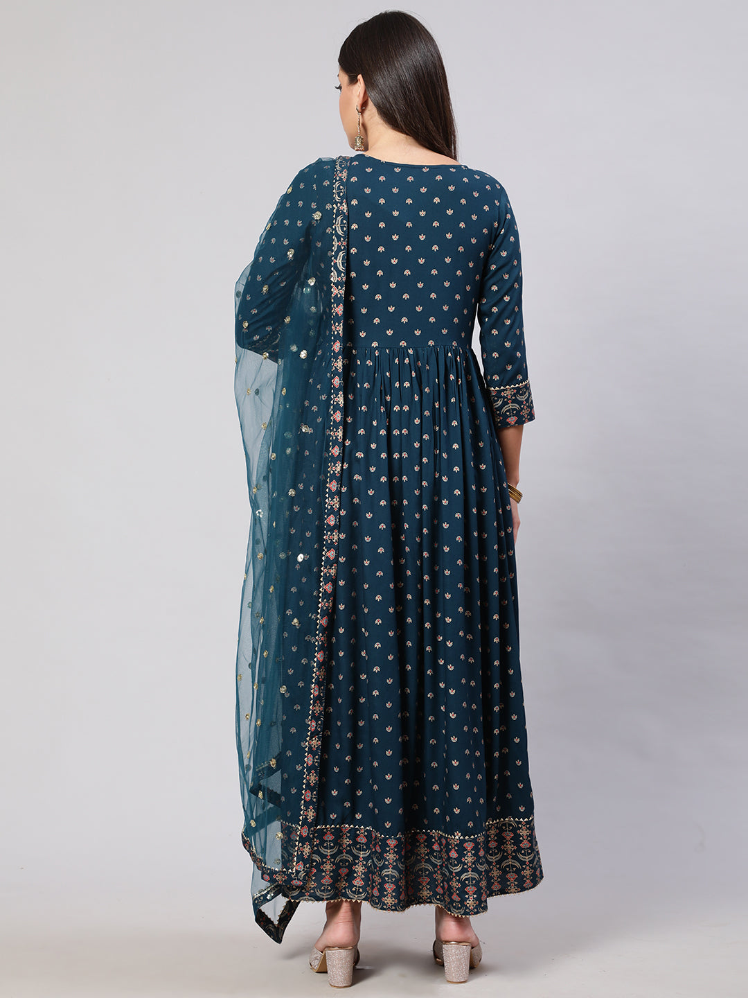 Women's Teal Floral Printed Flared Dress With Scalloped Dupatta - Nayo Clothing