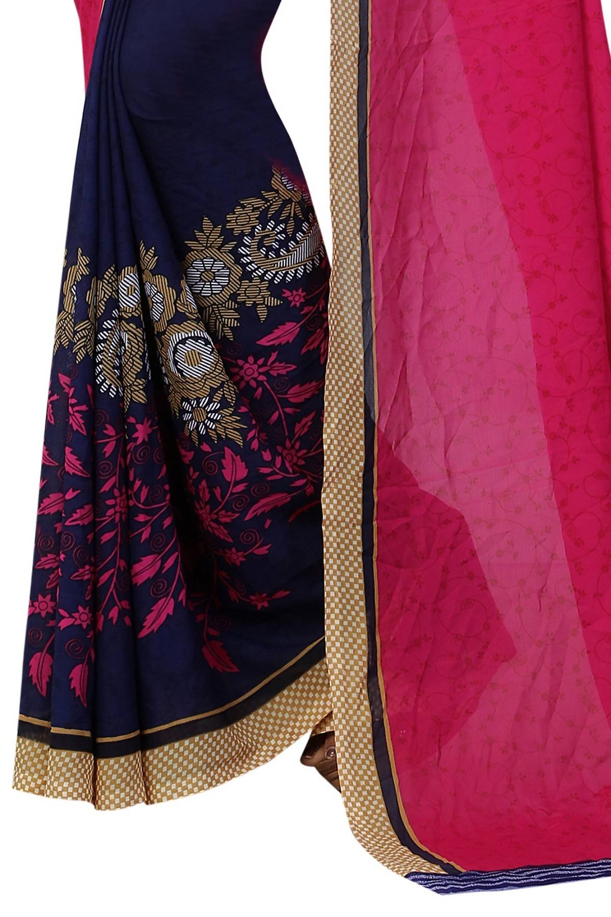 Women's Vamika Blue-Pink Georgette Printed Half & Half Saree Partly Rani - Vamika