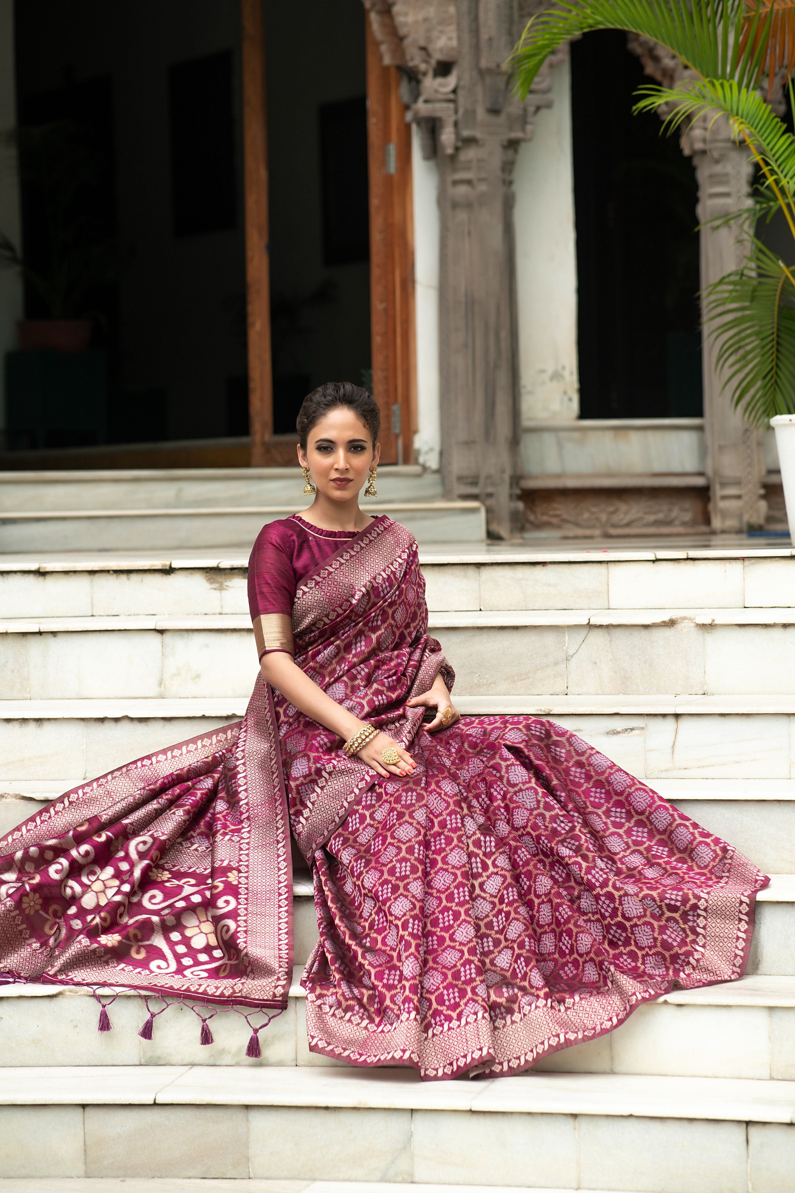 Women's Wine Woven Tussar Silk Saree with Tassels - Vishnu Weaves