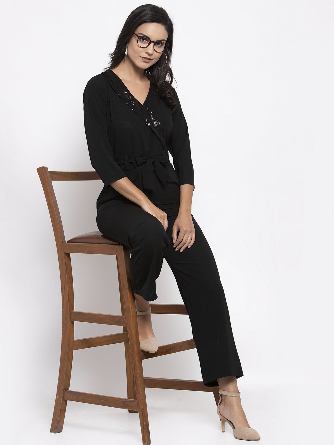 Women's Black Solid Jumpsuit with sequence on neck - Jompers