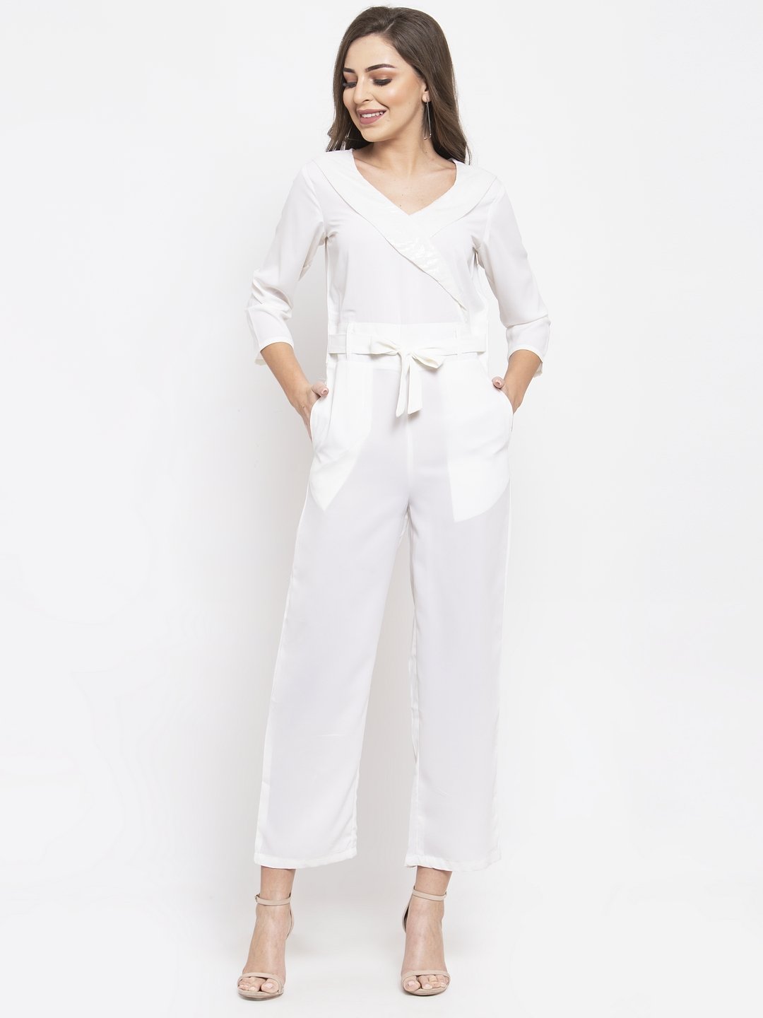 Women's White Solid Jumpsuit with sequence on neck - Jompers