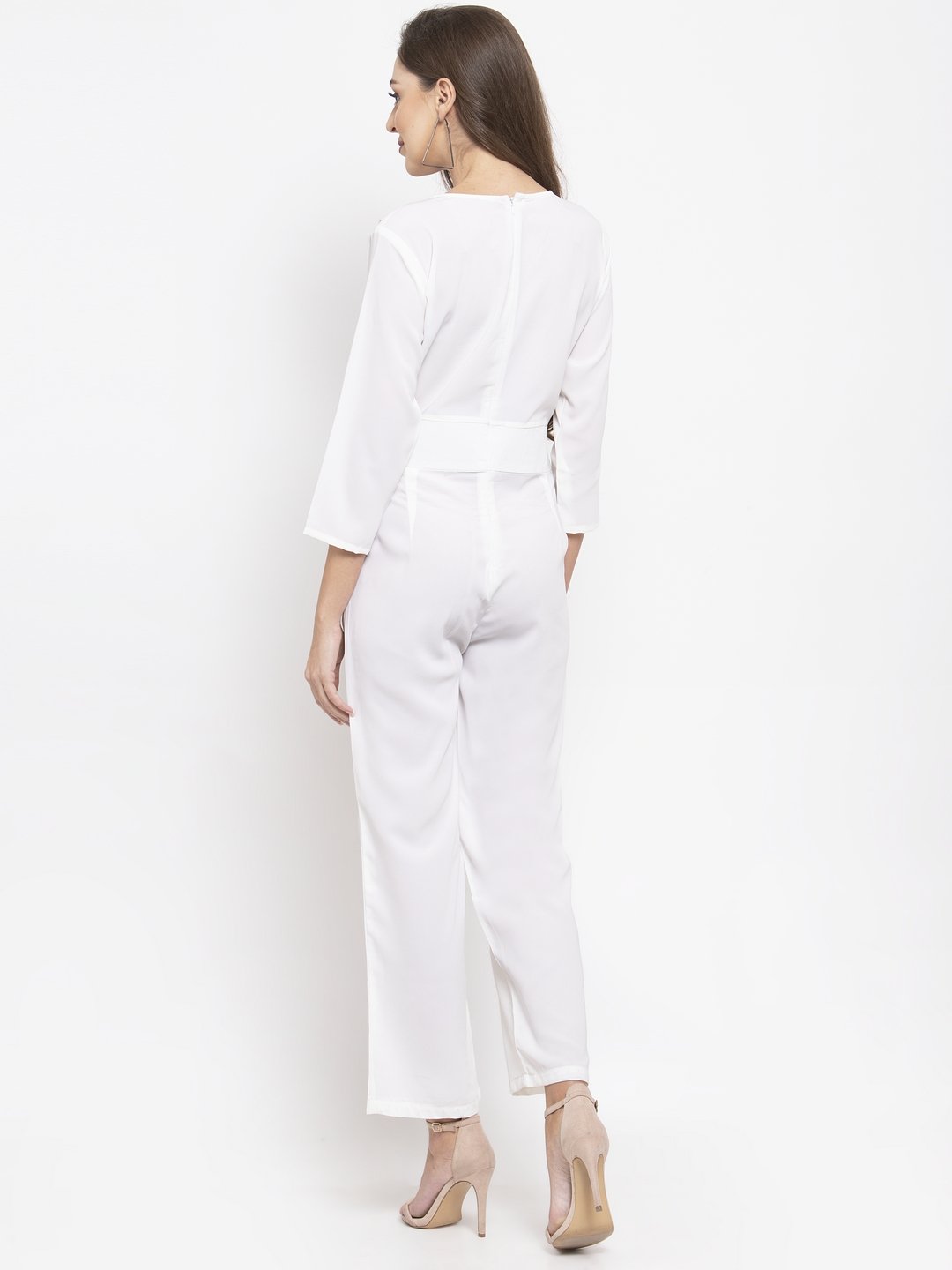 Women's White Solid Jumpsuit with sequence on neck - Jompers