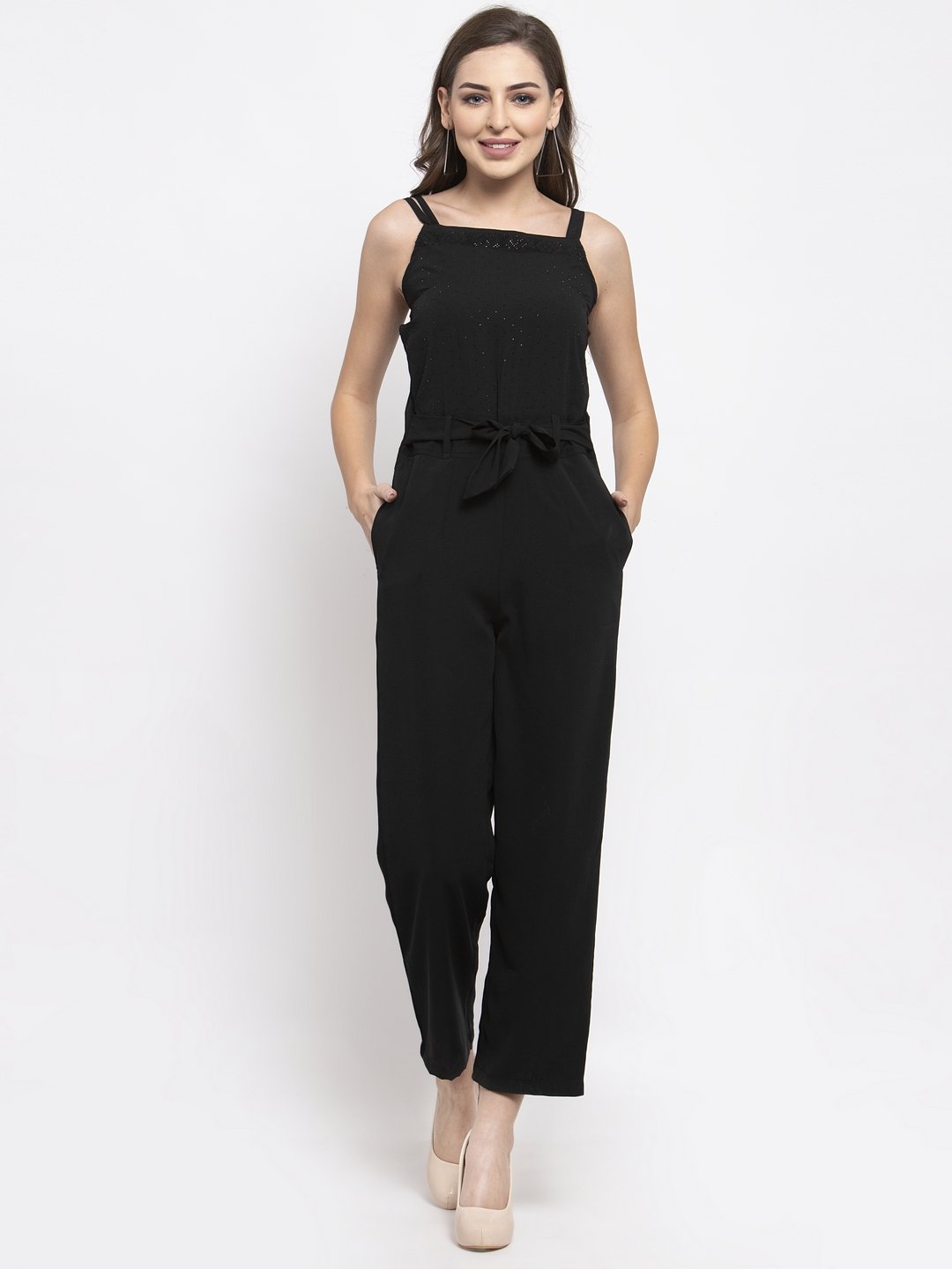 Women's Black Solid Embellished Jumpsuit - Jompers