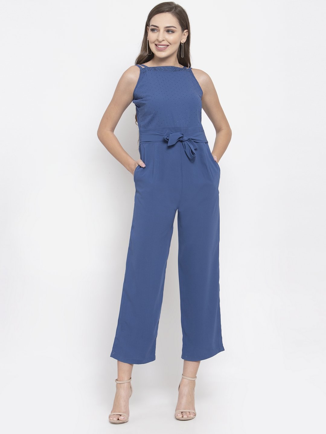 Women's Blue Solid Embellished Jumpsuit - Jompers