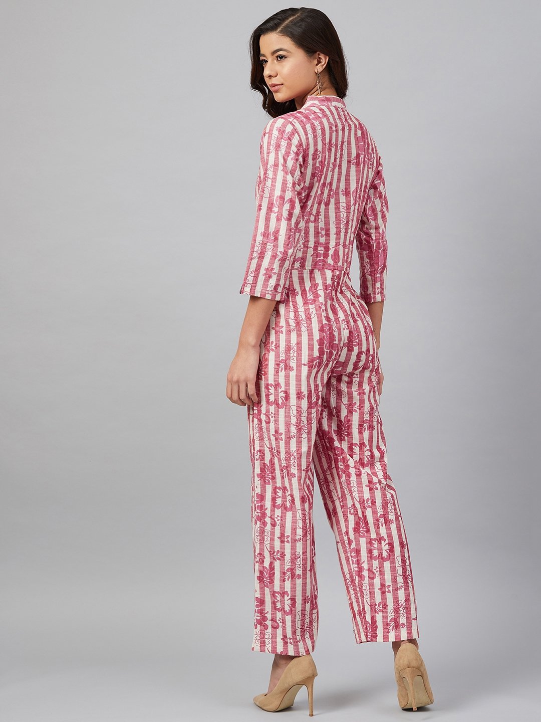 Women's Off-White & Pink Striped Mandarin Collar Basic Jumpsuit - Jompers