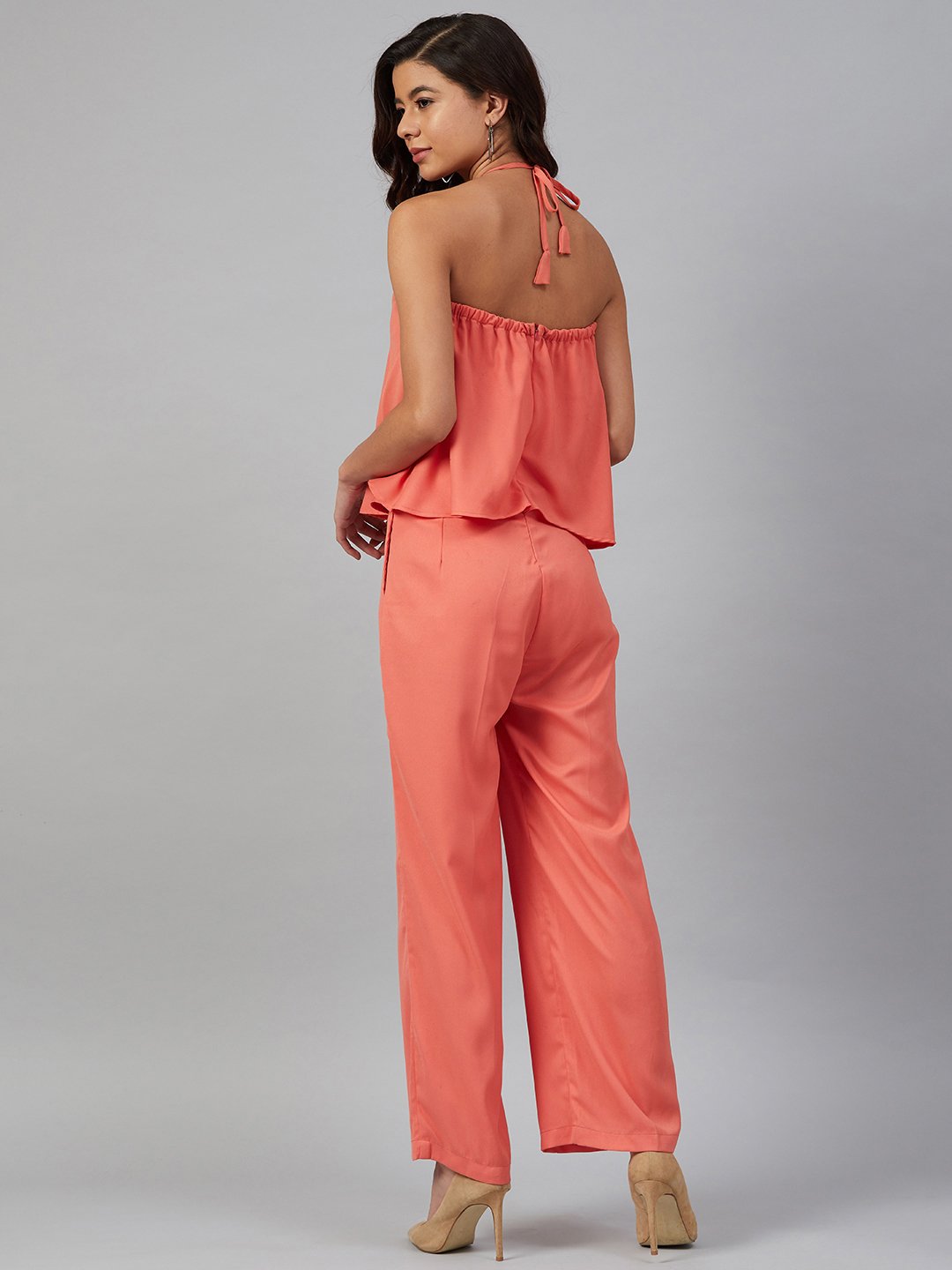 Women's Peach-Coloured Solid Halter Neck Basic Jumpsuit - Jompers