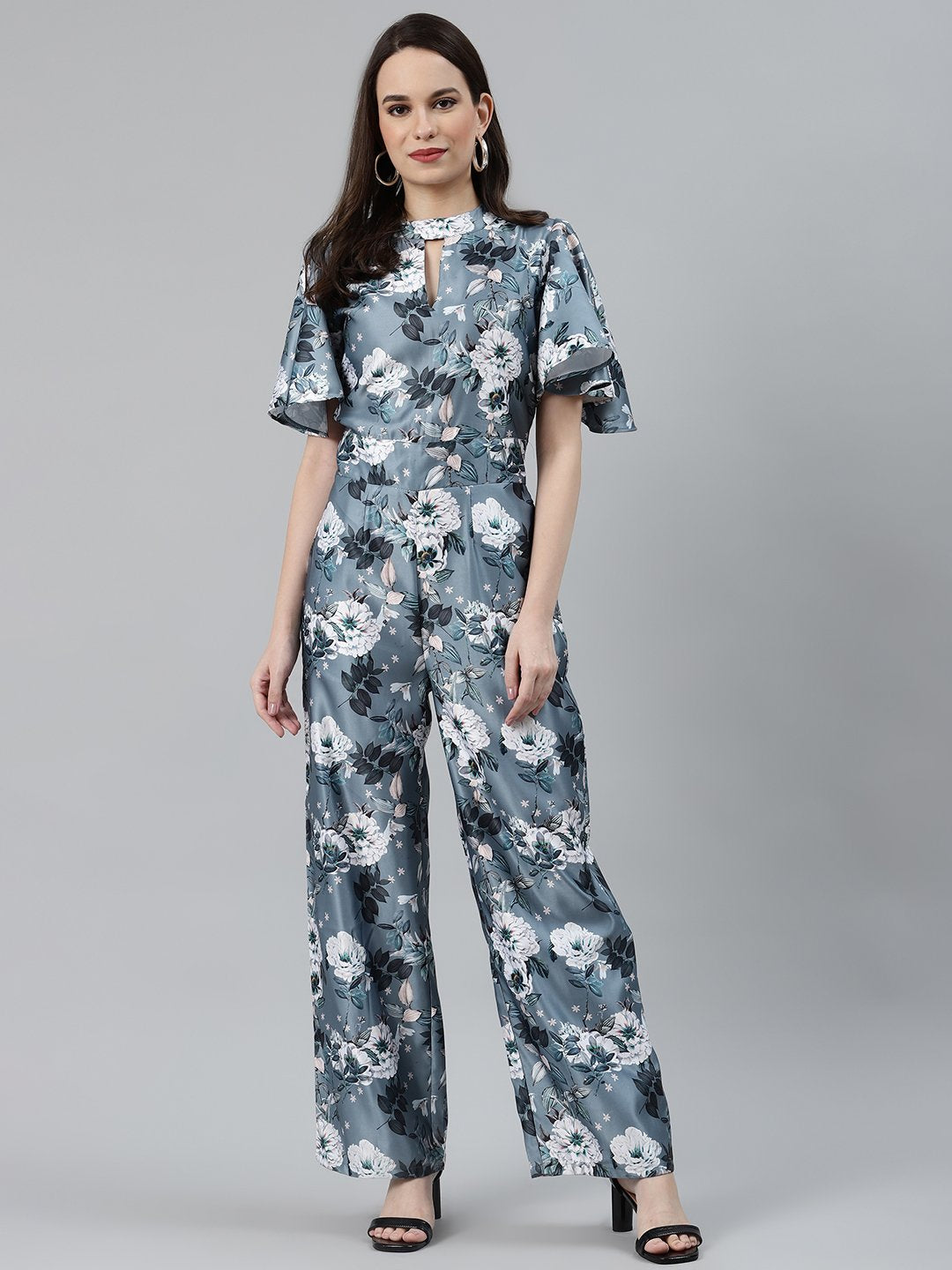 Women's Grey & Off-White Printed Keyhole Neck Flared Sleeves Basic Jumpsuit - Jompers