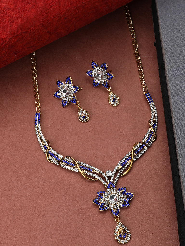Women's Gold Plated Blue & White Stone Studded Jewellery Set