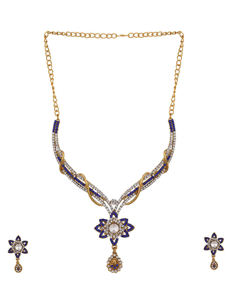 Women's Gold Plated Blue & White Stone Studded Jewellery Set
