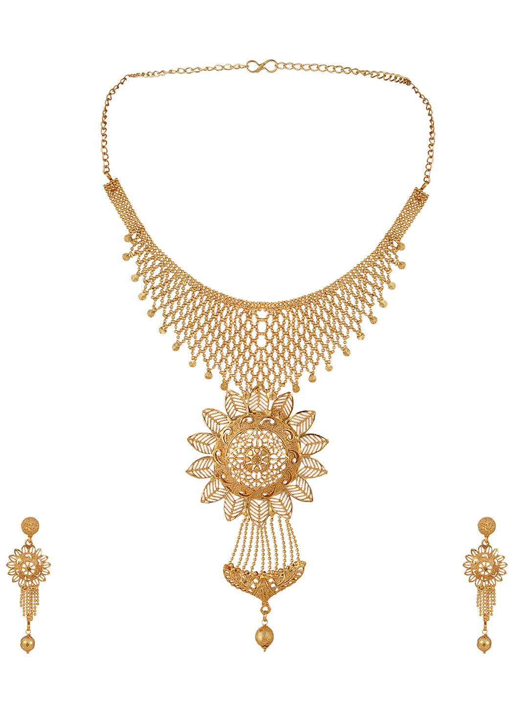 Women's 22K Gold Plated Jaal Work Floral Traditional Brass Full Neck Cover Jewellery Set - Anikas Creation