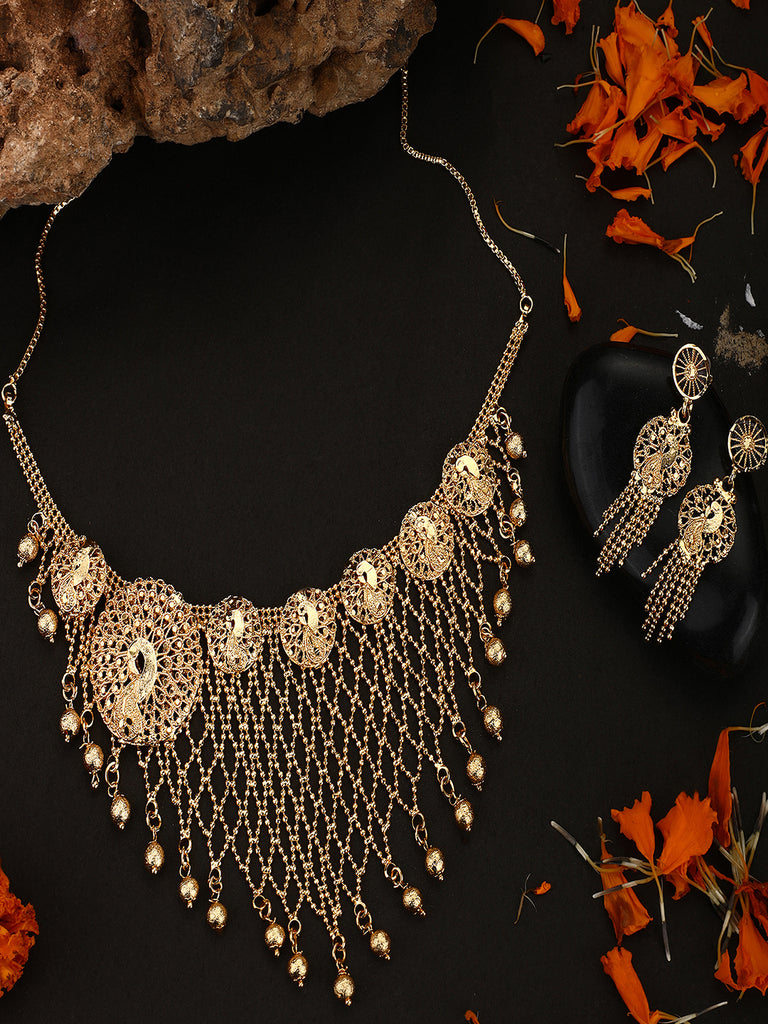 Women's Gold Plated Jaal Work Peacock Traditional Brass Full Neck Cover Jewellery Set