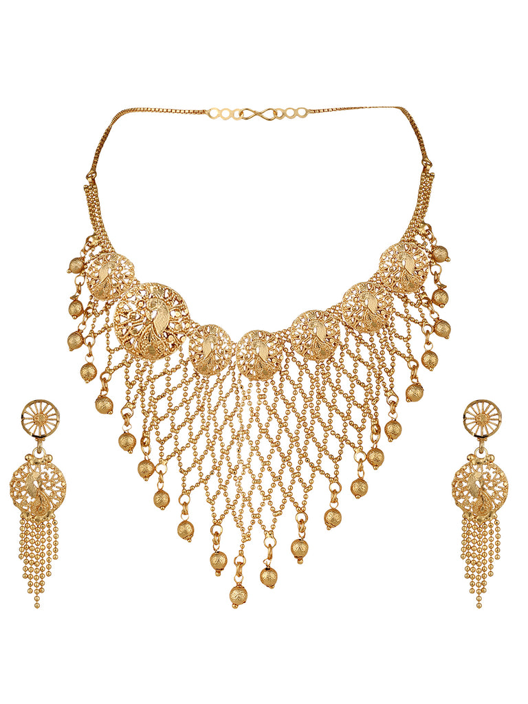 Women's Gold Plated Jaal Work Peacock Traditional Brass Full Neck Cover Jewellery Set
