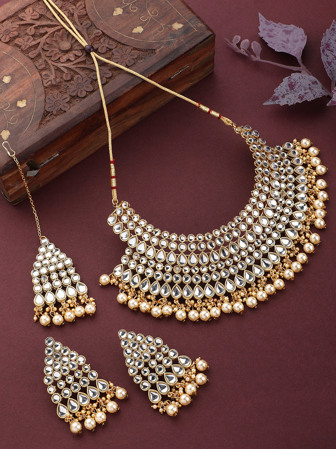 Women's Kundan Stone Gold Plated Traditional Brass Bridal Jewellery Set with Maangtika earring - Anikas Creation