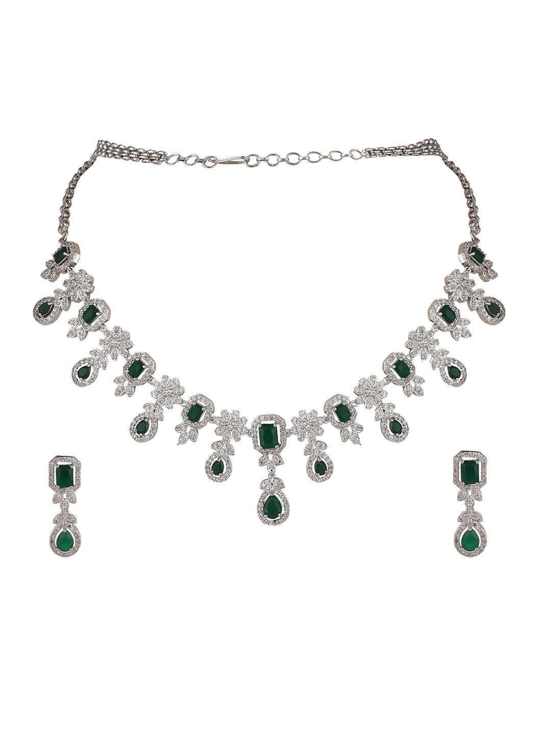 Women's Silver Plated AD & Emerald Green Stone Studded Jewellery Set - Anikas Creation