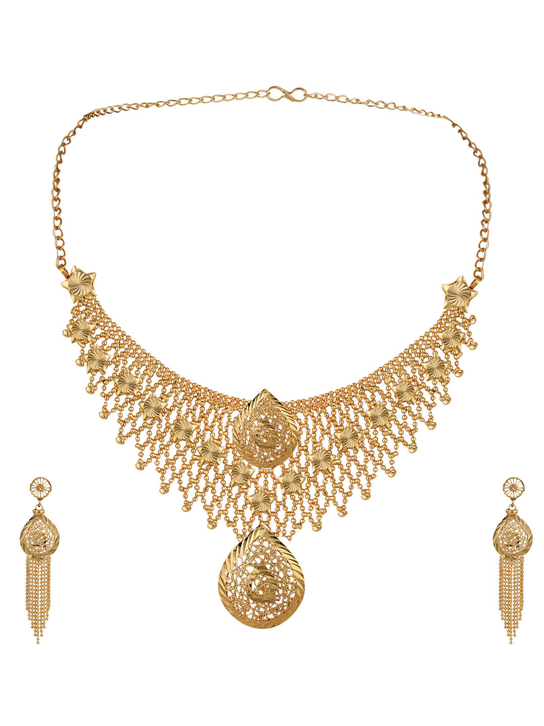 Women's Gold Plated Jaal Work Tear Drop Traditional Brass Full Neck Cover Jewellery Set - Anikas Creation